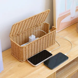 Hand-Woven Cord Cable Storage Box Under Desk Cable Management Box for Desktop TV Set Storage