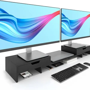 Bamboo Dual Monitor Stand with Drawers, Ergonomic Desk Riser for Computers and Laptops, No Assembly Needed