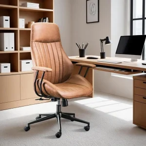 Ergonomic High-Back Swivel Task Chair with Armrests, Brown Suede Leather, Suitable for Home Office or Executive Use