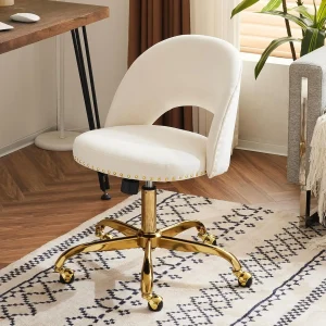 Modern Velvet Small Office Chair,Cute Desk Chair with Wheels,Gold Base/Studs, Comfy Armless Swivel Vanity Task, Customized